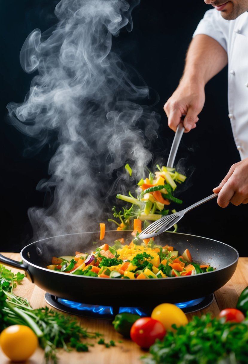A chef sautés colorful vegetables in a sizzling pan, surrounded by fresh herbs and spices. Steam rises as they expertly toss the ingredients, creating a vibrant and appetizing display of healthy, low-carb cooking